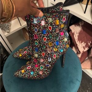Multicolor Jeweled Pointed-Toe Stiletto Booties